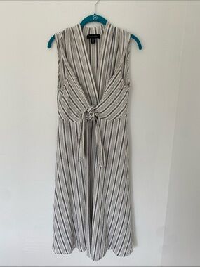 Tahari Ivory and Gray Striped Tie-Front Maxi Dress